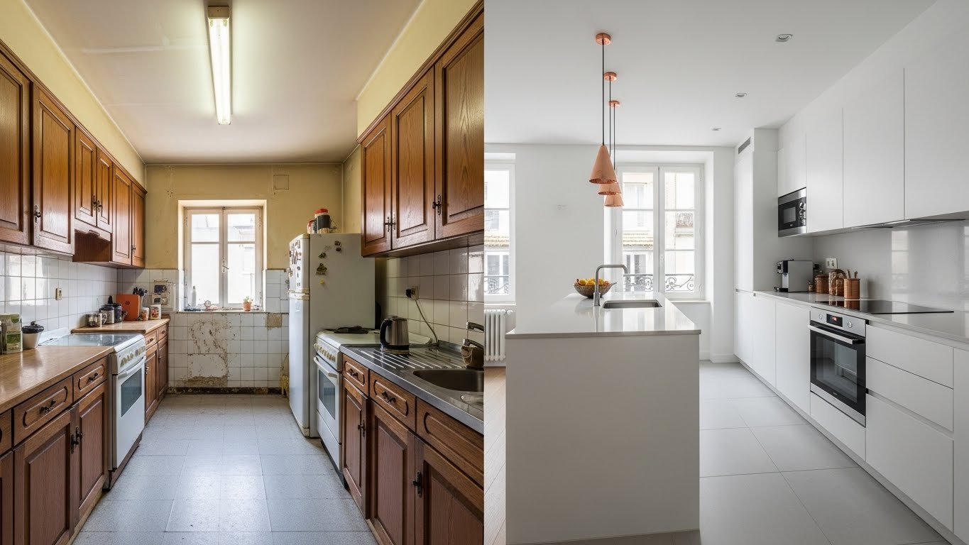 Antes e depois: Cozinha Moderna Open Space - Matosinhos