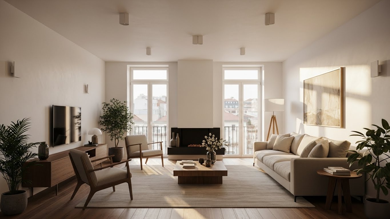 Sala de estar moderna em apartamento remodelado no Porto - design contemporâneo com lareira e luz natural