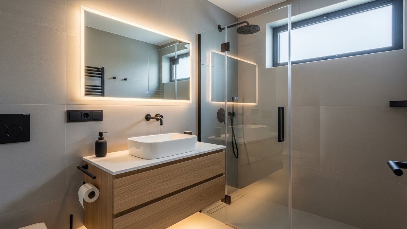 WC moderno minimalista com móvel suspenso e torneiras pretas