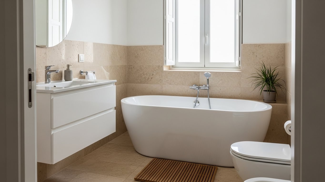 Casa de banho com banheira oval e revestimento travertino