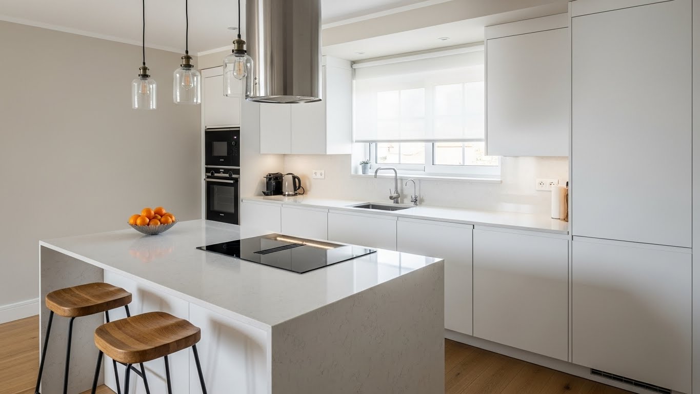 Cozinha com ilha central em quartzo branco e bancos altos