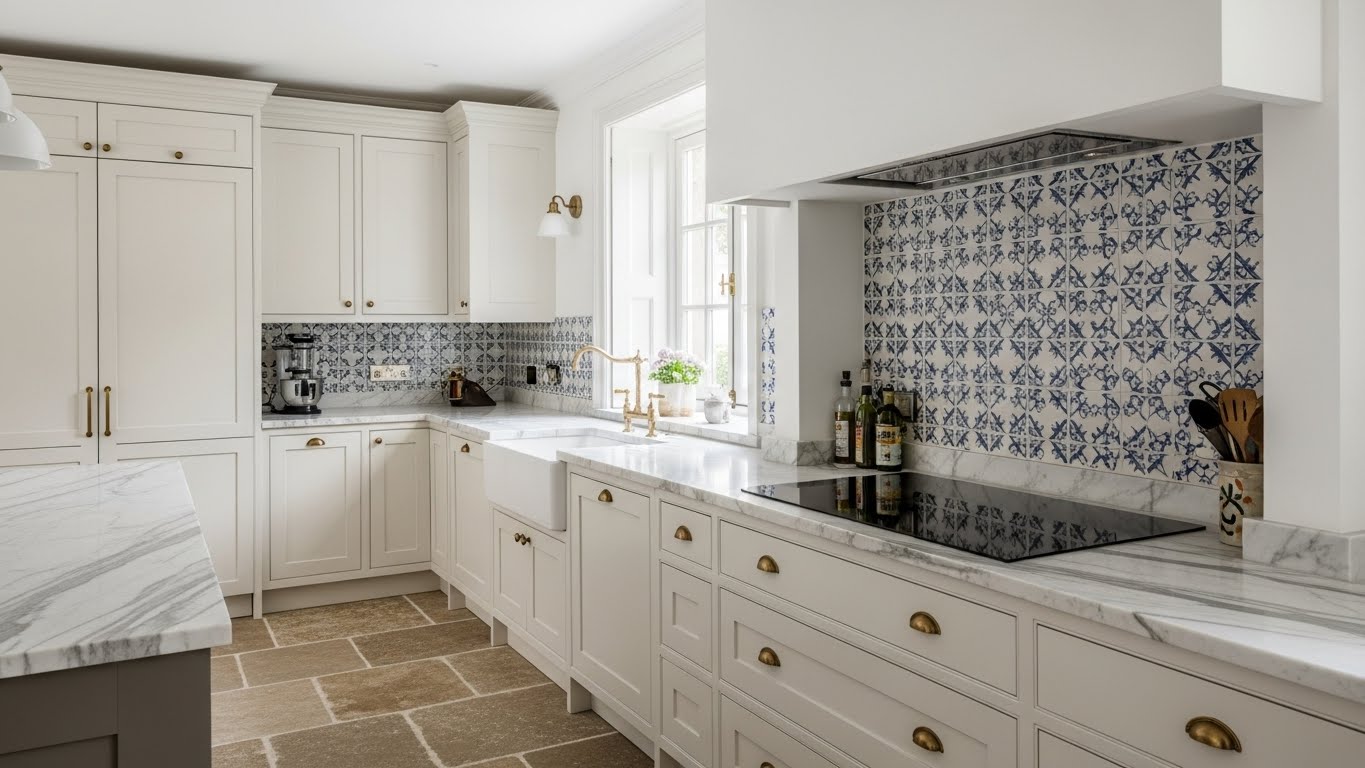 Cozinha clássica com armários shaker e bancada em mármore