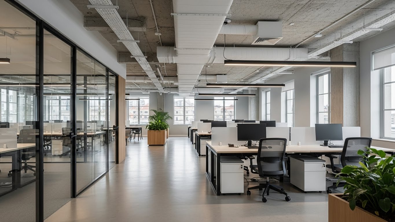 Escritório open space com secretárias modernas e iluminação natural