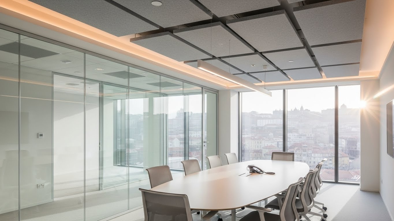 Sala de reuniões moderna com mesa oval e divisórias em vidro