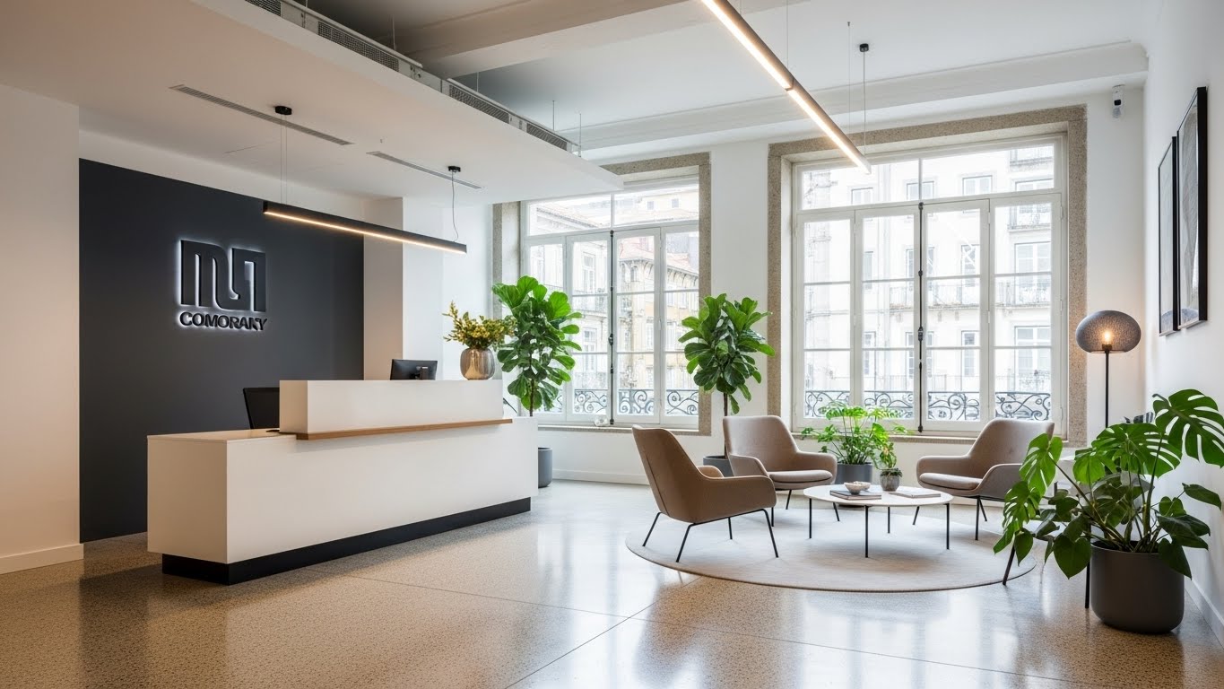Recepção corporativa com balcão branco e zona de espera