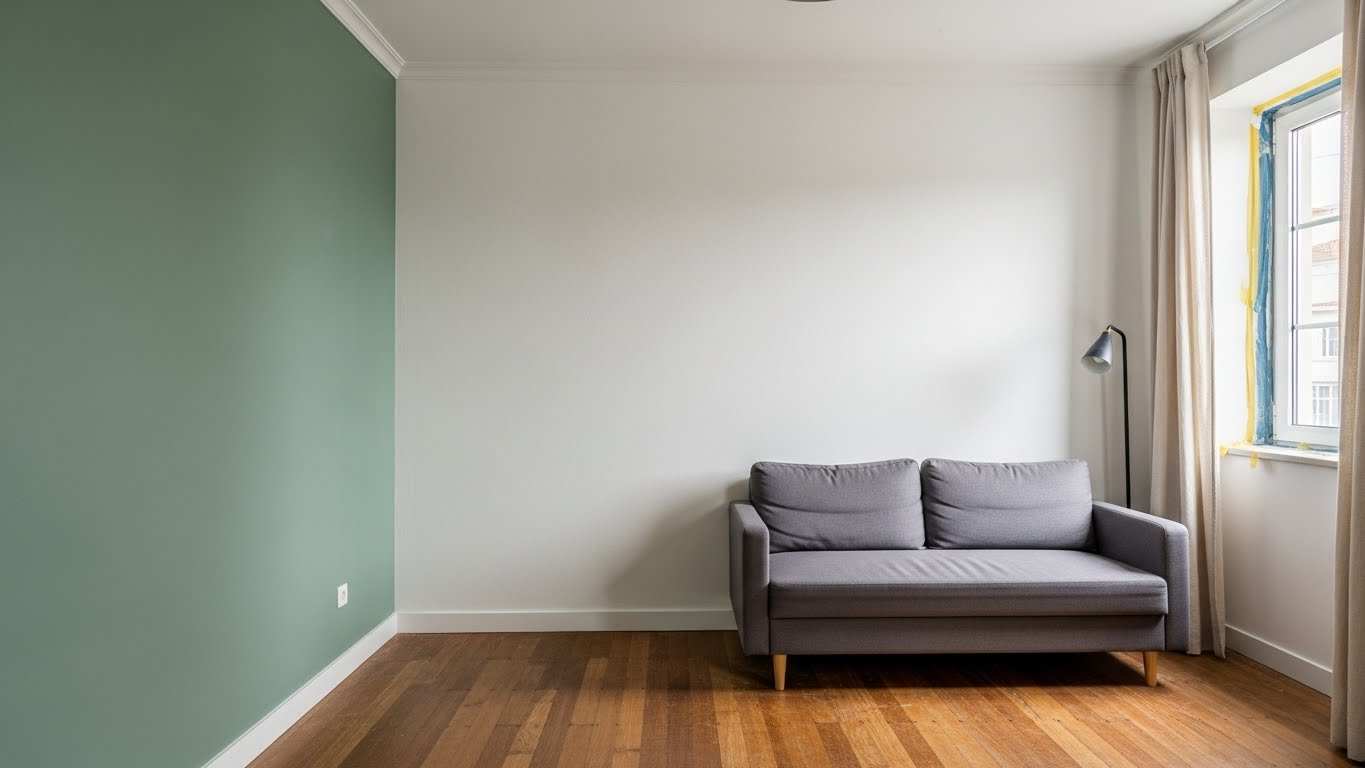 Sala de estar com parede de destaque em verde sage