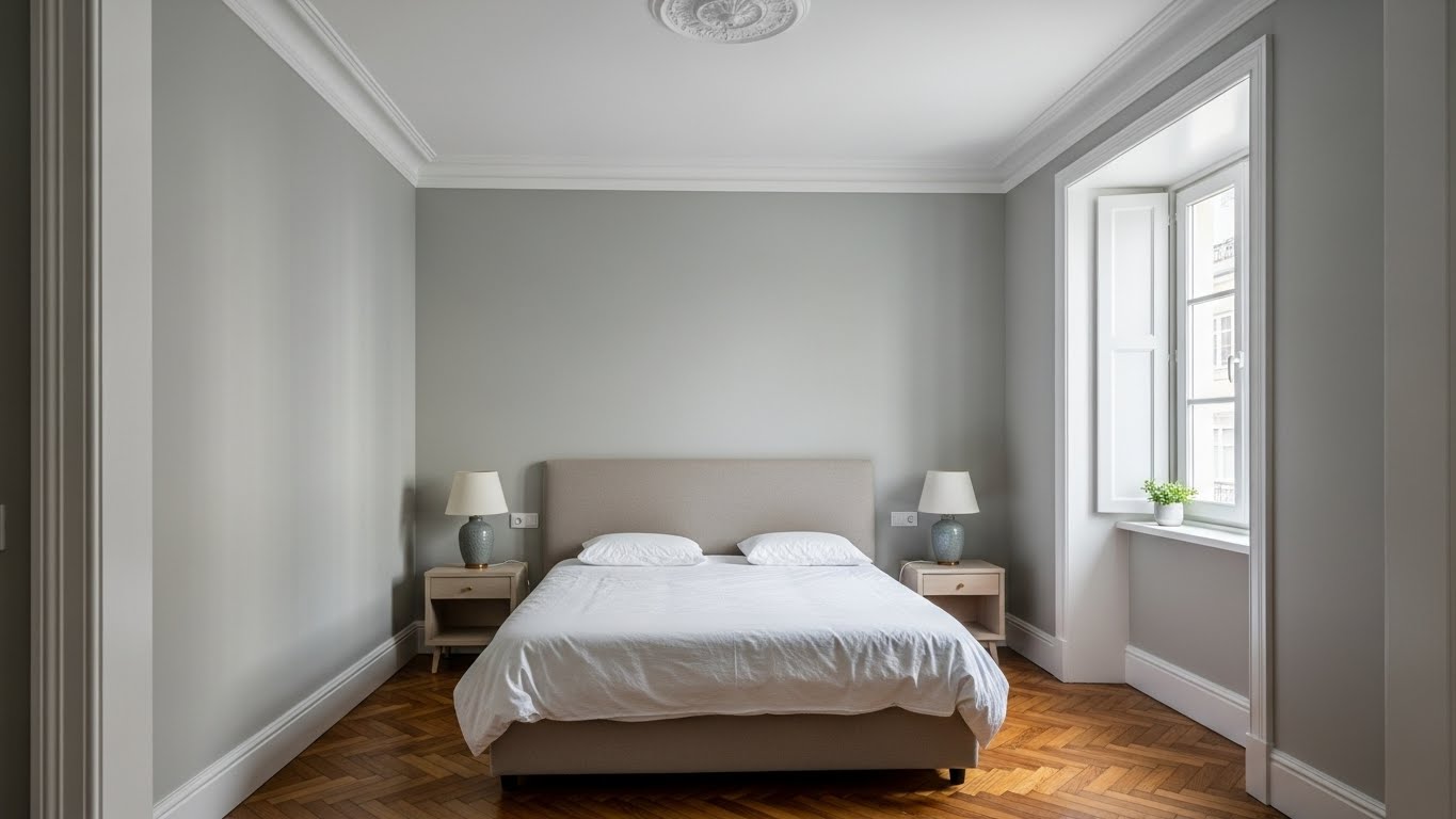 Quarto pintado em cinza claro com acabamento eggshell