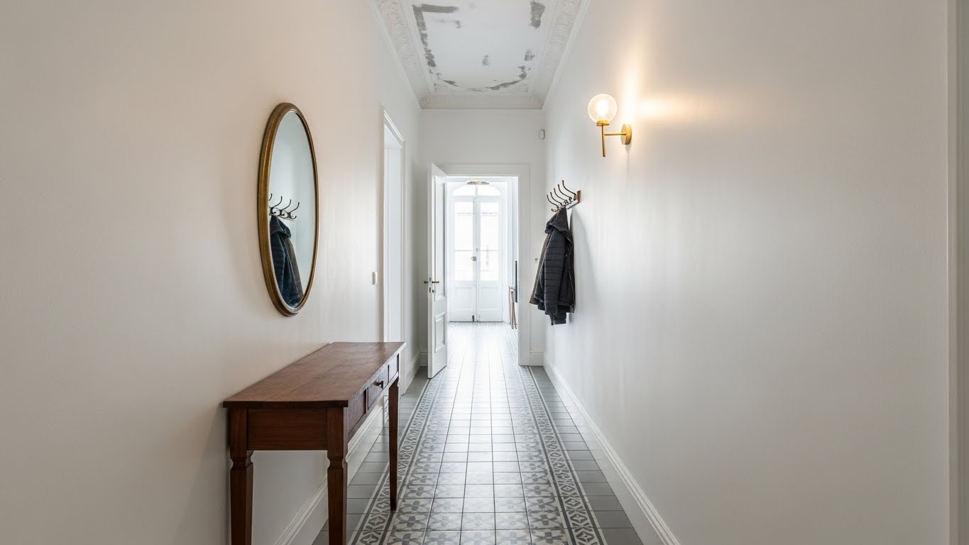 Corredor com molduras pintadas de branco e chão hidráulico