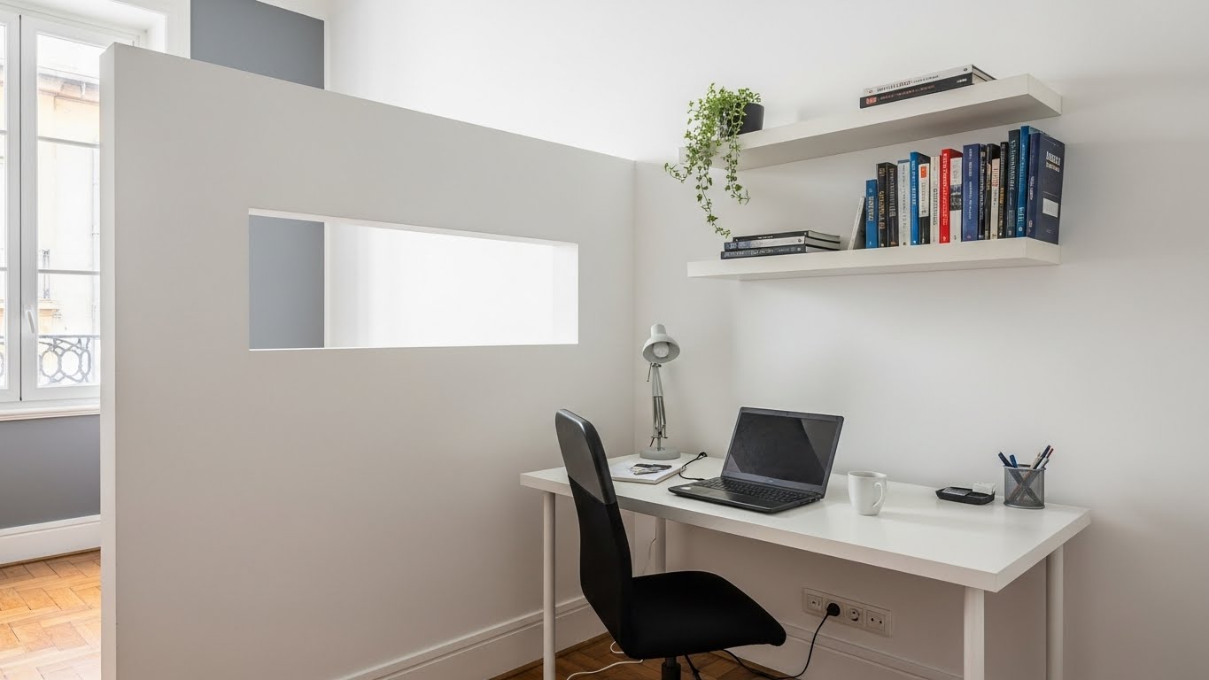 Divisória de home office em pladur com janela interior