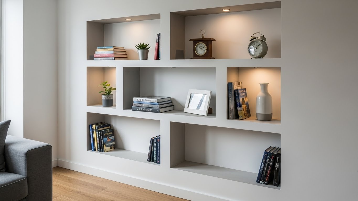 Estante integrada em pladur com nichos iluminados